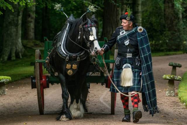 Socks the Lonach horse with his owner and handler Derek Gray, a Lonach Highlander for many years. PIC: Contributed.
