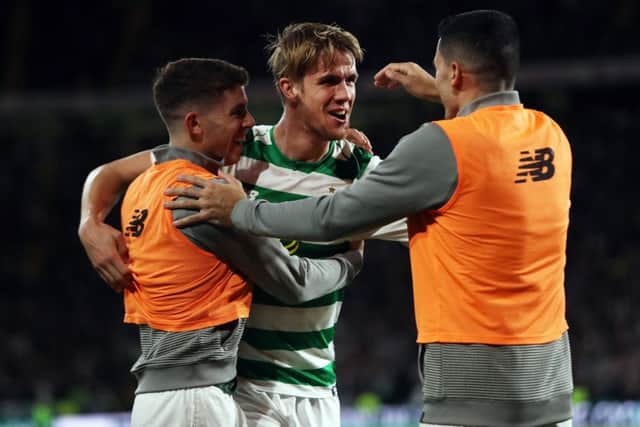 Kristoffer Ajer celebrates scoring Celtic's third, and his first for the club. Picture: Getty Images