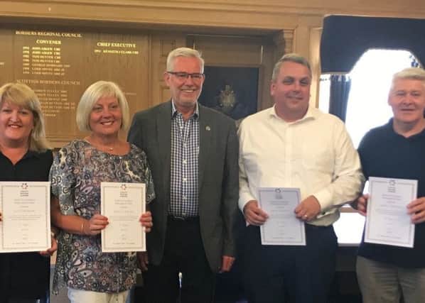 Boyd McAdam National convenor of Childrens' Hearings Scotland attended recently for our annual long service awards for panel members in the Scottish Border. Pictured are Hazel Alexander and Diane Livingston serving 5 years. Boyd McAdam, Kieran Rafferty serving 10 years and Graeme Coulhard serving 15 years.