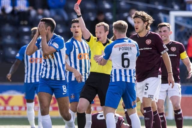 Gary Dicker was sent off during the 1-0 defeat to Hearts. Picture: SNS
