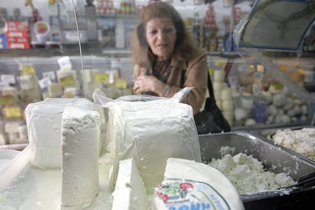 Feta cheese, as seen on sale in a shop in Athens, must be made in Greece from ewes and goats milk, under EU rules (Picture: Aris Messinis/AFP/Getty)