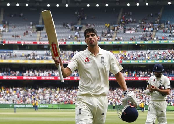 File photo dated 29-12-2017 of England's Alastair Cook walks off undefeated at the end of play after making a double century during day three of the Ashes Test match at the Melbourne Circket Ground, Melbourne. PRESS ASSOCIATION Photo. Issue date: Monday September 3, 2018. England opener Alastair Cook has announced he will retire from international cricket at the end of the current Test series against India. See PA story CRICKET England. Photo credit should read Jason O'Brien/PA Wire.
