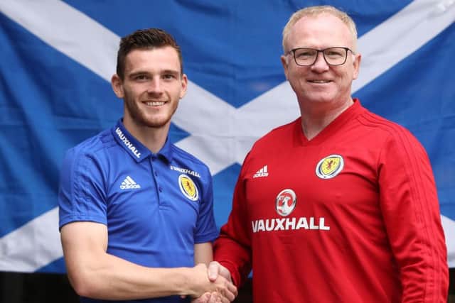 New Scotland captain Andy Robertson with Scotland manager Alex McLeish. Picture: Getty images