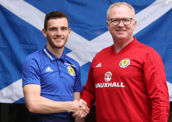 New Scotland captain Andy Robertson with Scotland manager Alex McLeish. Picture: Getty images