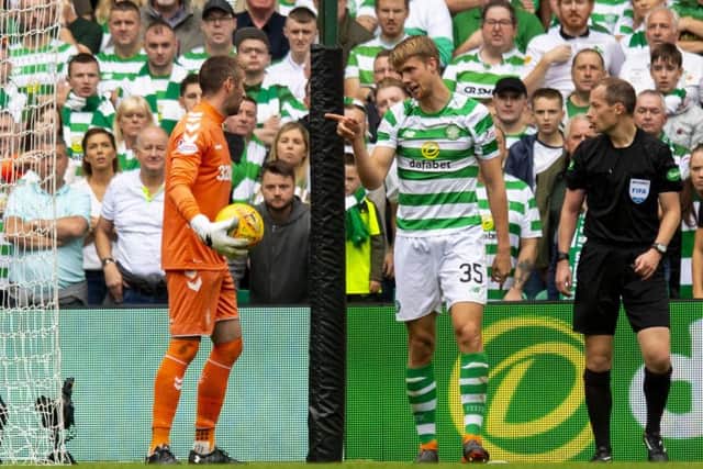Rangers' Allan McGregor kicked out at Kristoffer Ajer during Sunday's Old Firm clash. Picture: SNS/Craig Williamson