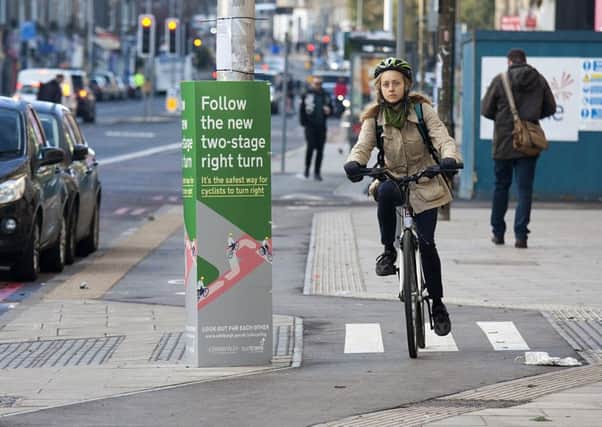 A new cycle lane on Leith Walk which uses the pavement and roads and appears confusing for cyclists, drivers and pedestrians