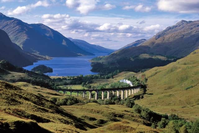 The Jacobite crosses the Glenfinnan viaduct, which features in Harry Potter films.