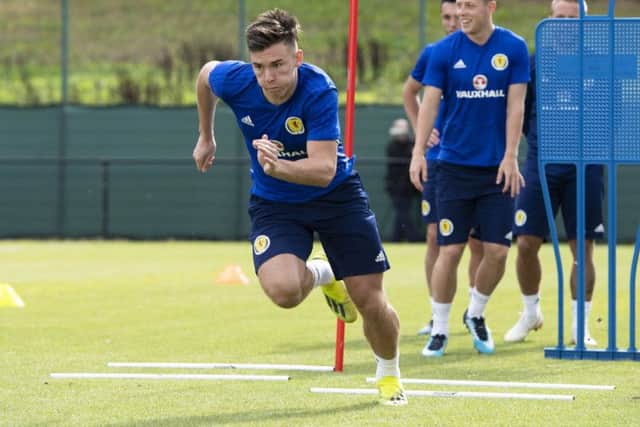 Scotland's Kieran Tierney in training. He could be deployed in a central defensive role against Belgium. Picture: Craig Williamson/SNS