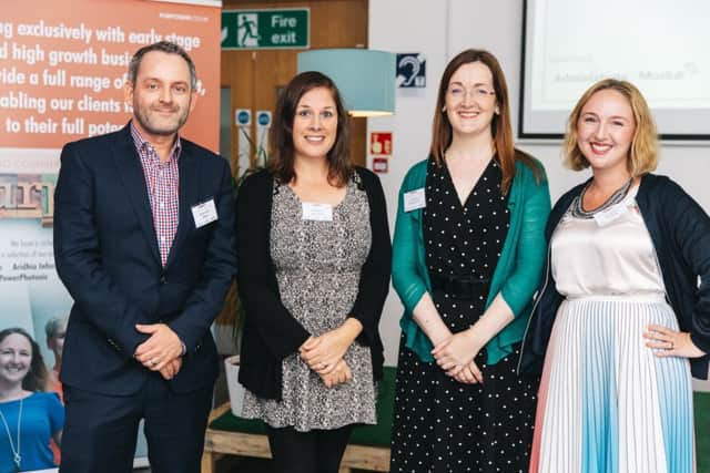 Left to right are Marcus Corner (Modulr), Jen Anderson (Administrate), Sam Ryhnas (Girl Geek Scotland) and Lisa Thomson (Purpose HR). Picture: Andrew Perry