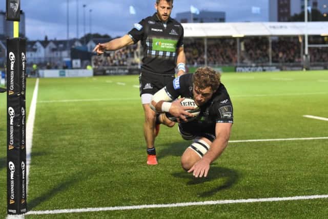 Glasgow Warriors' Callum Gibbins scores the opening try. Picture: Gary Hutchison/SNS/SRU