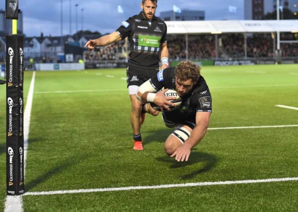 Glasgow Warriors' Callum Gibbins scores the opening try. Picture: Gary Hutchison/SNS/SRU