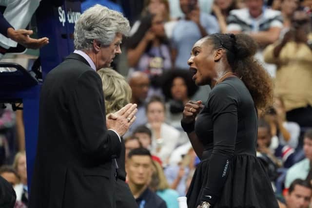 Serena Williams argues with referee Brian Earley during her US Open final defeat by Naomi Osaka of Japan. Picture: AFP/Getty Images