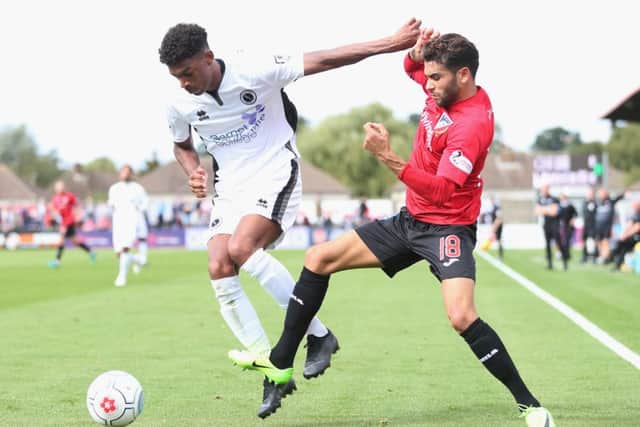 Reeco Hackett-Fairchild of Boreham Wood and Faissal El Bakhtaoui of Dunfermline battle for possession at Meadow Park. Picture: Getty.