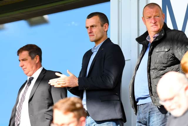 Oran Kearney (centre) watches St Mirren's Under-21s take on Hamilton Under-21s, with Chief Executive Tony Fitzpatrick (left) and Brian Rice (right). Picture: SNS Group