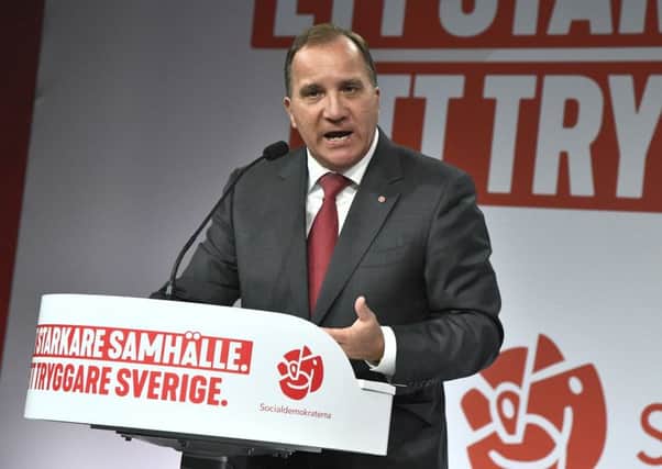 Prime minister and party leader of the Social Democrat party Stefan LÃ¶fven speaks at an election party in Stockholm, Sweden. Picture: AP