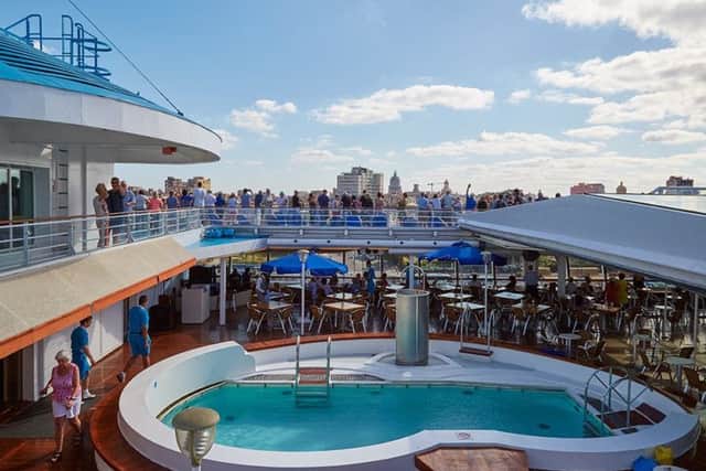 The pool deck on Celestyal's Crystal, where there is a full programme of activities laid on