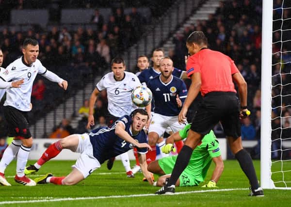 John Souttar goes close for Scotland against Albania. Picture:
