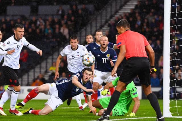 John Souttar goes close for Scotland against Albania. Picture: