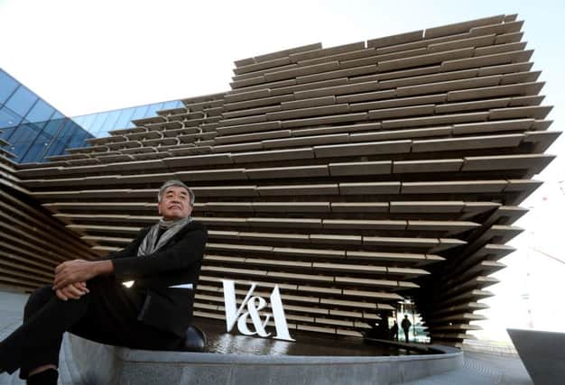 Architect Kengo Kuma outside the finished exterior of the new eighty million pound V&A Dundee museum. Picture: PA Wire