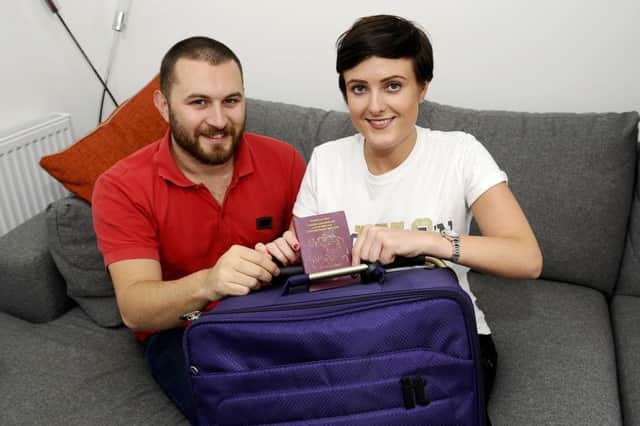 Have bag will travel - but not yet as an immigration mistake put the brakes on Mandie Stevenson and Ross Malcolm's trip to New York. Picture Michael Gillen.