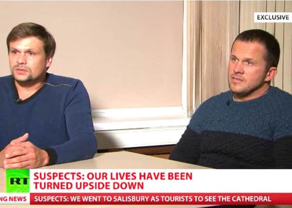 Russian Nationals Ruslan Boshirov (left)  and Alexander Petrov have appeared in an interview on the Russian state TV channel RT. Picture: Russia Today