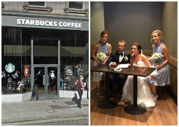 The happy couple were married in the Starbucks where they met.