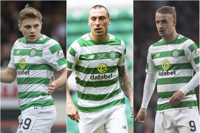James Forrest, Scott Brown and Leigh Griffiths are all on the verge of signing new deals with Celtic. Pictures: SNS Group