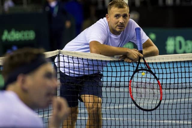 Dan Evans takes a breather during practice at the Emirates Arena in Glasgow. Picture: Bill Murray/SNS
