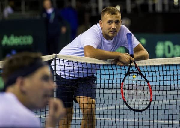Dan Evans takes a breather during practice at the Emirates Arena in Glasgow. Picture: Bill Murray/SNS