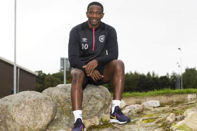 Hearts' Arnaud Djoum during a break in training. Picture: Paul Devlin/SNS