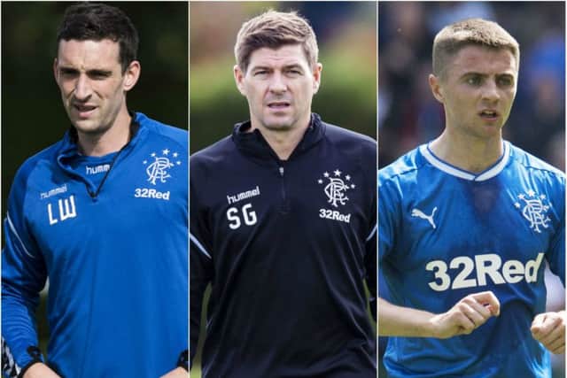Steven Gerrard, middle, has explained his decision for leaving Lee Wallace and Jordan Rossiter out of his Europa League squad. Pictures: SNS Group