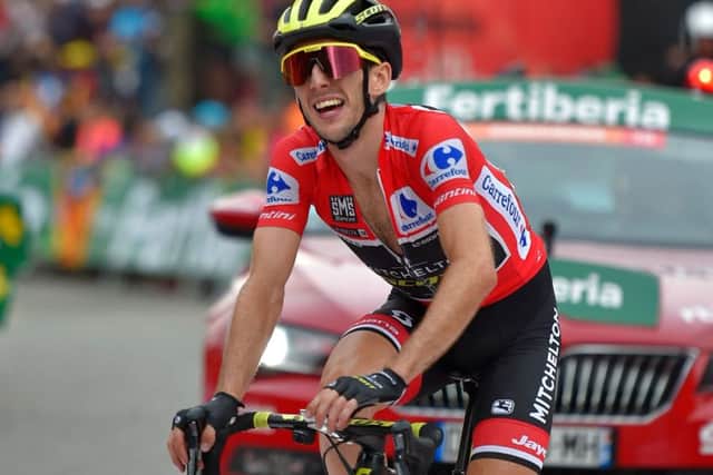 Simon Yates crosses the finish line of the 20th stage of the 73rd edition of "La Vuelta". Pic: Ander Gillenea/AFP/Getty Images