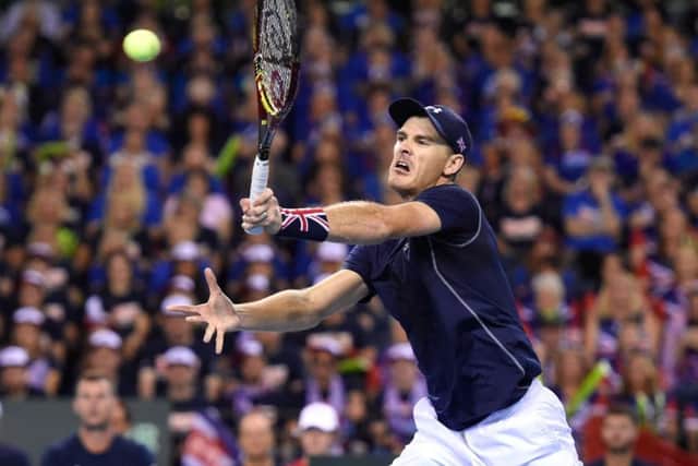 Great Britain's Jamie Murray in action during day two of the Davis Cup match. Pic: Ian Rutherford/PA Wire.