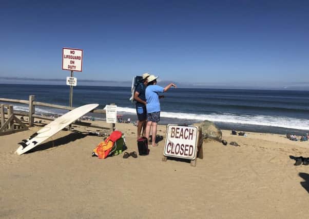 Two people look out at the shore after a reported shark attack at Newcomb Hollow Beach in Wellfleet, Mass.  (AP Photo/Susan Haigh)