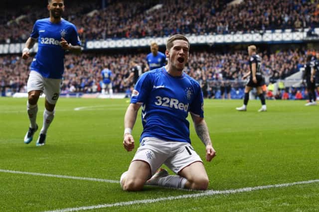 Ryan Kent celebrates putting Rangers 2-0 in front against Dundee. Picture: Rob Casey/SNS