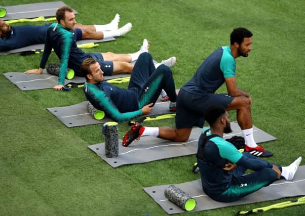 Tottenham players, from left, Lucas Moura, Christian Eriksen, Harry Kane, Mousa Dembele and Danny Rose train at the San Siro. Picture: Getty.