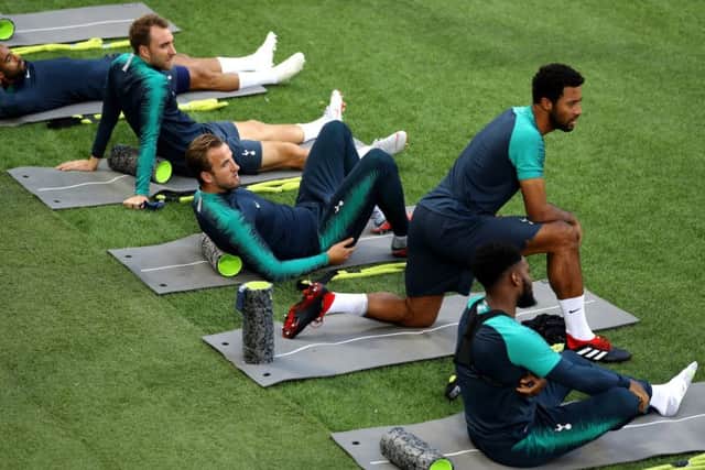 Tottenham players, from left, Lucas Moura, Christian Eriksen, Harry Kane, Mousa Dembele and Danny Rose train at the San Siro. Picture: Getty.