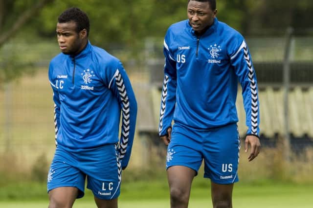Lassana Coulibaly (left) with Umar Sadiq at a Rangers training session. Picture: SNS Group