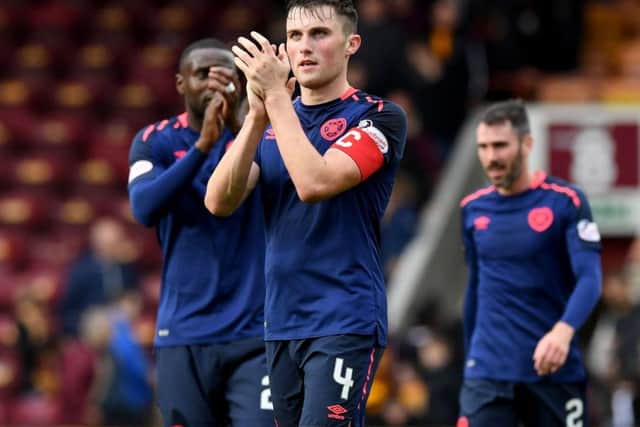 Souttar celebrates at the end of Hearts' 1-0 win over Motherwell at Fir Park. Picture: SNS Group