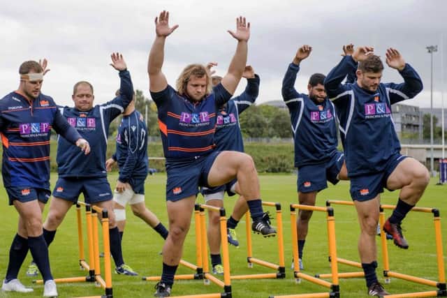 Pierre Schoeman, centre, training this week ahead of Edinburgh's match against Leinster in Dublin. Picture: SNS/SRU