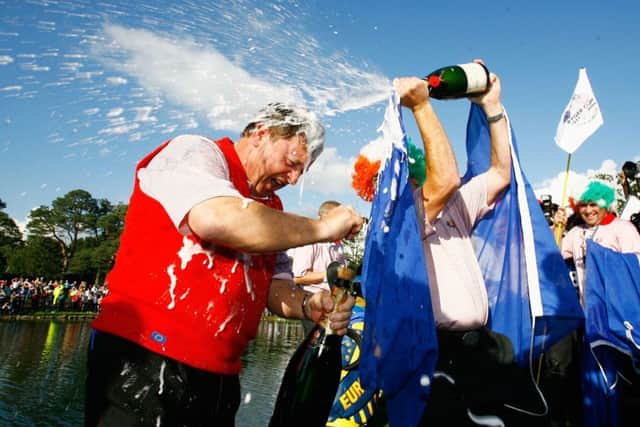 European team captain Ian Woosnam is sprayed with champagne at The K Club in 2006. Picture: Jamie Squire/Getty