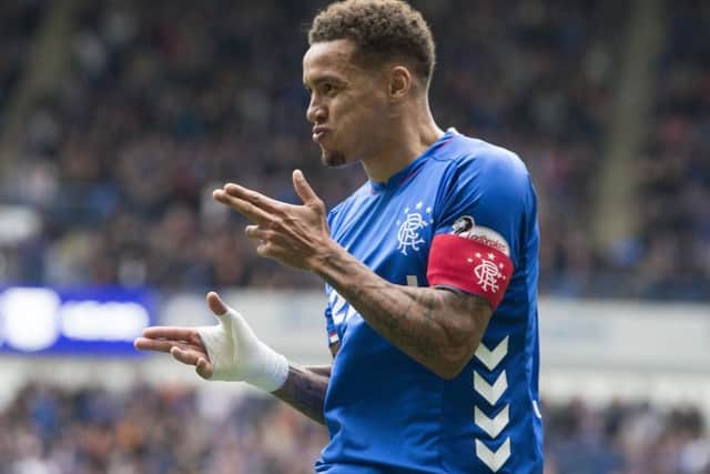 Rangers' James Tavernier celebrates scoring the third goal against Dundee. Picture: Jeff Holmes/PA Wire