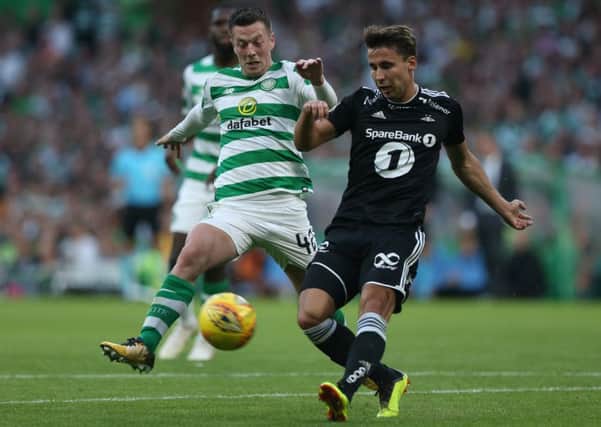 Callum McGregor vies with Anders Trondsen during the UEFA Champions League Qualifier between Celtic and Rosenborg at Celtic Park in July. Picture: Getty Images
