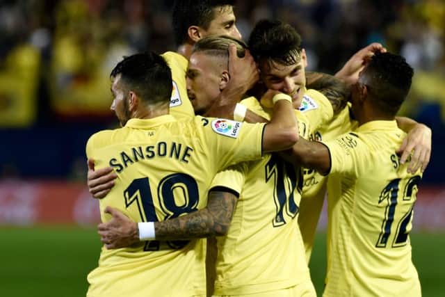 Villarreal players celebrate a goal against Real Madrid in May 2018. Picture: AFP/Getty Images