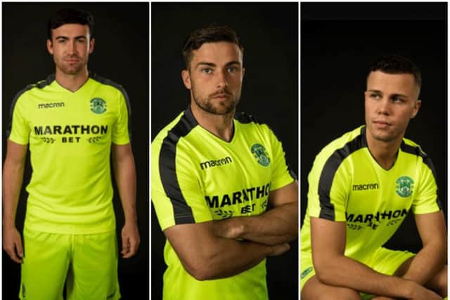Stevie Mallan, Lewis Stevenson and Flo Kamberi model the new third kit. Picture: Hibernian FC