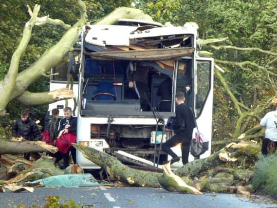 Students from Dundee University exit a bus after high winds brought by Storm Ali caused a tree to fall onto the vehicle in Kincaple, near Guardbridge in Fife. Picture: John Bynorth/Environmental Protection Scotland/PA Wire