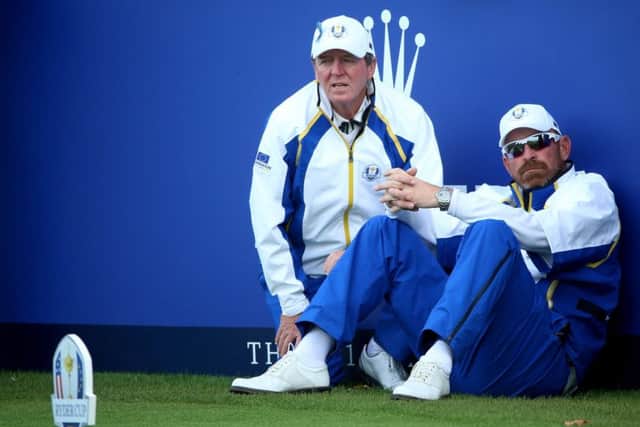 Des Smyth, left, was one of Europe's vice-captains at Gleneagles in 2014 and is pictured alingside Thomas Bjorn, a player then and the captain this year.  Picture: Andrew Redington/Getty Images