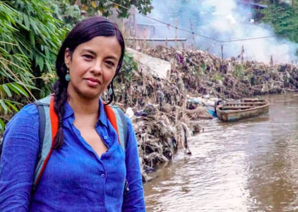 Liz Bonnin at a polluted Indonesian river. Photograph: Alisdair Livingstone