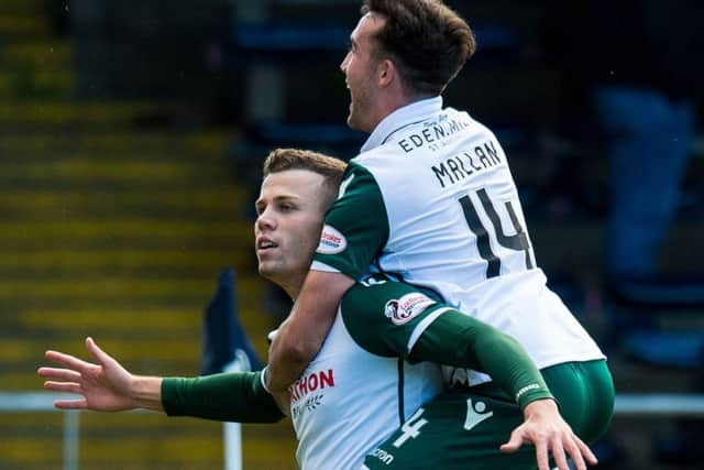 Joy for Kamberi and Stevie Mallan as Hibs open the scoring. Picture: SNS Group