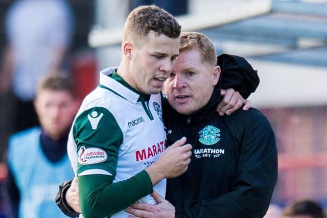 Florian Kamberi, scorer of the first goal, is congratulated by Neil Lennon. Picture: SNS Group
